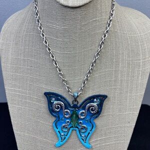 Da Vinci Butterfly Necklace & Earrings Set Painted Blue Patina Silvertone Boho